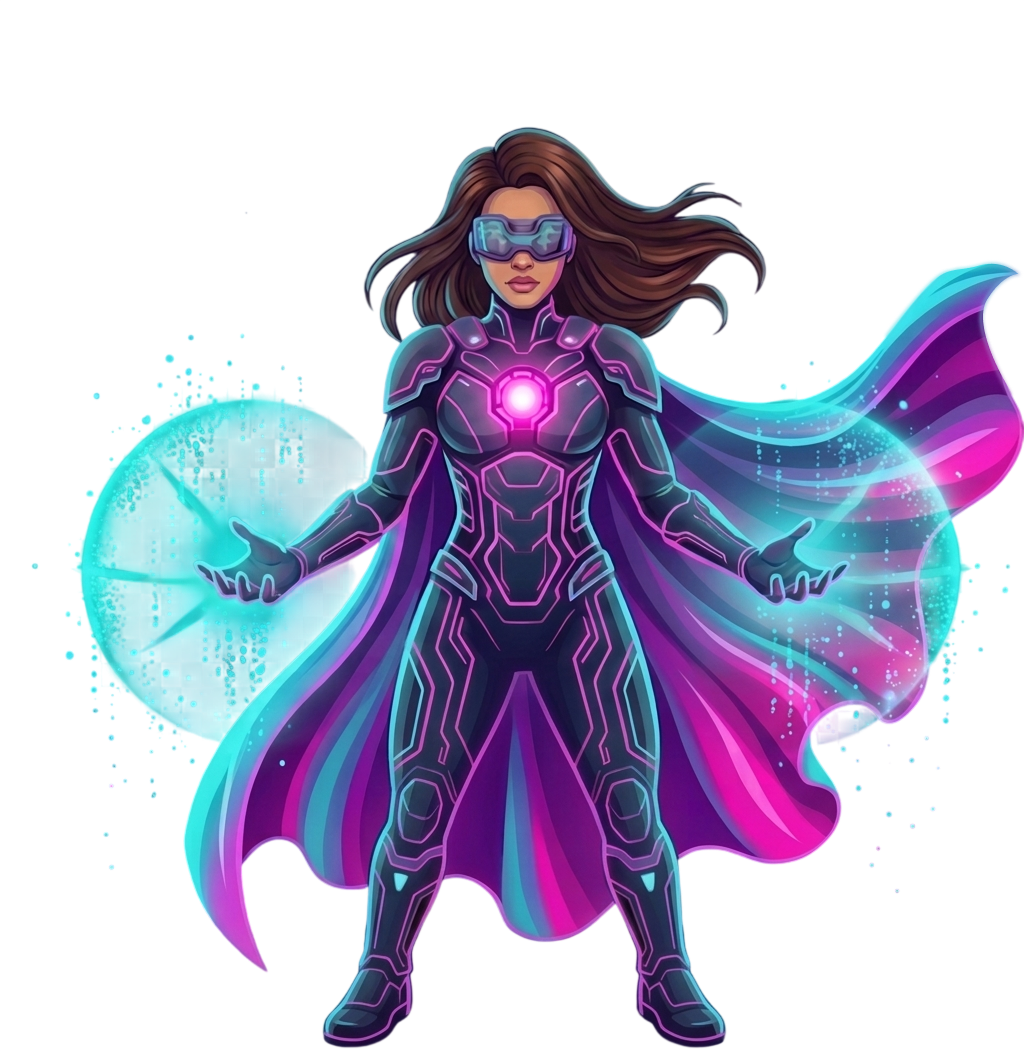 Superhuman woman with neon cape, fist raised
